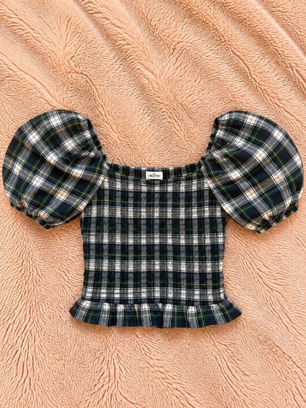 American Eagle Plaid Ribbed Puff-Sleeve Cropped Top